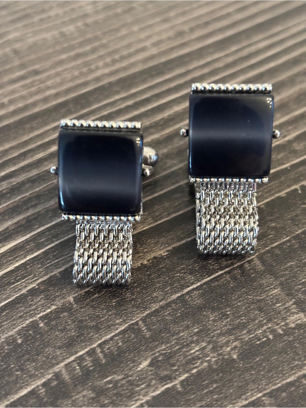 Vintage Silver Mesh and Black Stone Men's Cufflinks-Swank